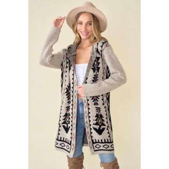 Oatmeal Aztec Rainbow Western Hooded Knit Cardigan Long Sleeve Open Sweater - Picture 4 of 14